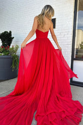 Red Prom Dress A Line Strapless Long Evening Dress with Slit